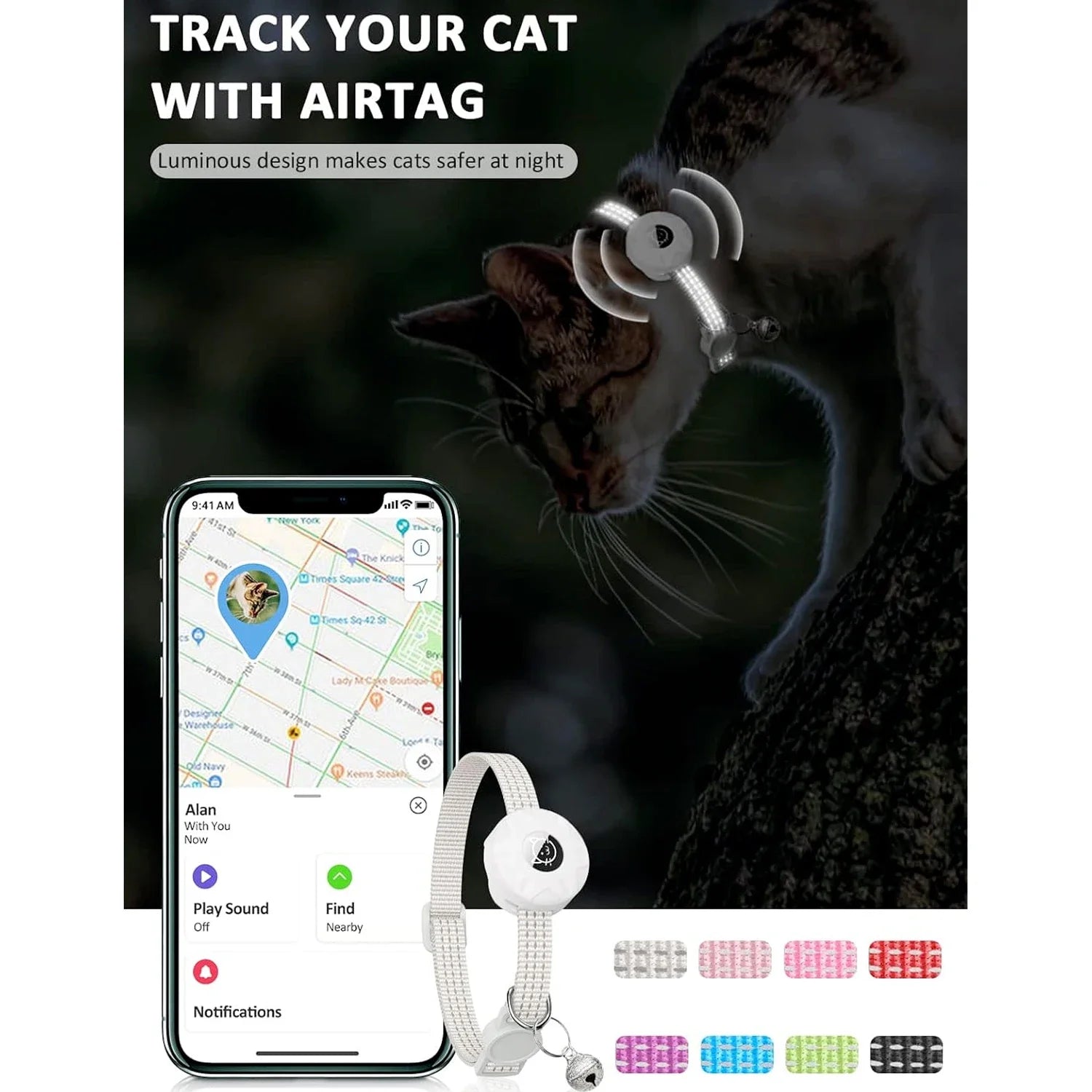 For Apple Airtag Cat Collar,Air Tag Pet Collar with Airtag Holder and Bell Reflective GPS Kitten Collar for Girl Boy Cats Gatos